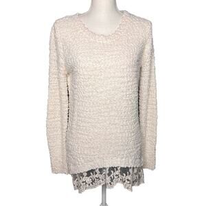 Absolutely Famous Chenille Tunic Sweater Size Medium White Popcorn Lace Hem